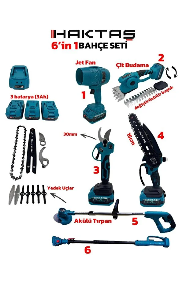 6 ürün 1 Arada Akülü Bahçe Bakım Seti 21V 3Ah (Hava Üfleme, Çit Budama, Dal